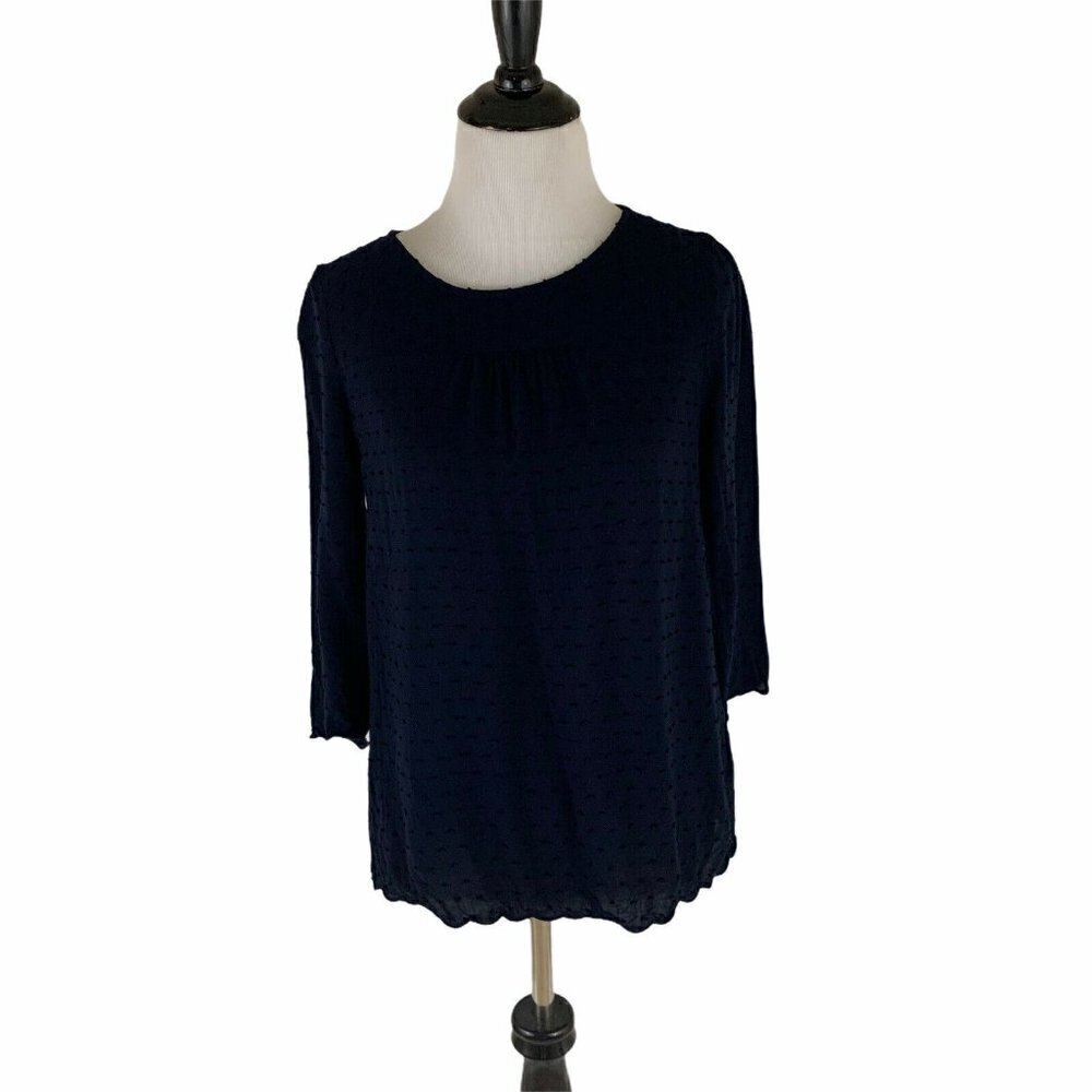 Anthropologie Maeve Women's Size 2 Blouse Textured Top 3/4 Sleeves Navy Blue